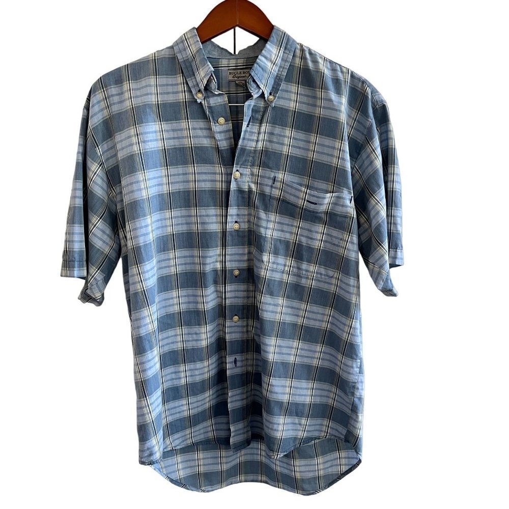 VINTAGE Bugle Boy Shirt Mens M Blue Plaid‎ Western Casual Outdoors Button…